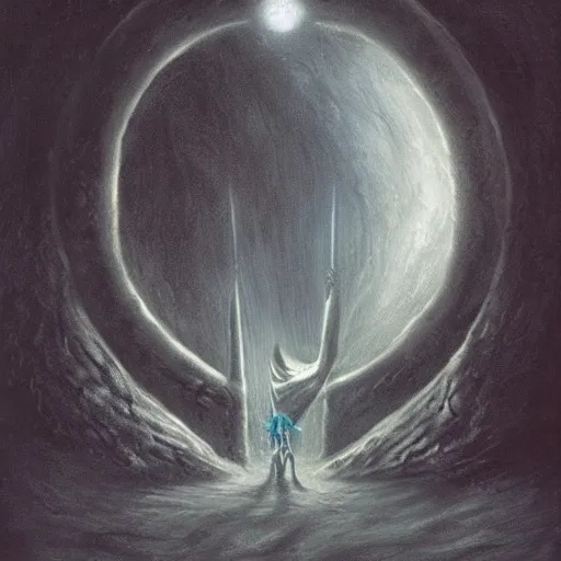 Image similar to an arrogant knight steps casually into the abyssal portal, only to be met with unimaginable horrors from beyond. his body and mind are completely annihilated as he witnesses the end of time. space itself begins to warp into a single point of light and for a few silent moments the knight knows everything, from his world and beyon. dark fantasy, oil painting, high detail