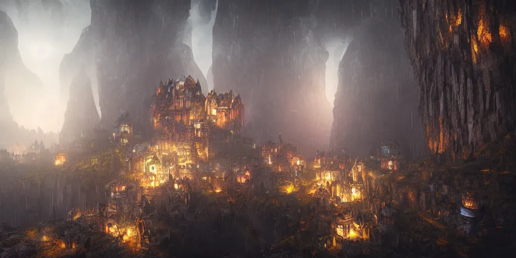 Image similar to A shining dwarven city in a dark, rainy and gloomy cavern, fantasy digital art, octane render, beautiful composition, trending on artstation, award-winning photograph, masterpiece