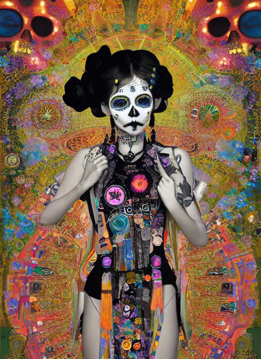 Image similar to cute punk goth fashion hippy fractal Día de los Muertos android girl wearing kimono made of circuits and leds by Zhang Jingna, psychedelic poster art by Hannah Höch Käthe Köllwitz Victor Moscoso Rick Griffin Alphonse Mucha Gustav Klimt Ayami Kojima Amano Charlie Bowater