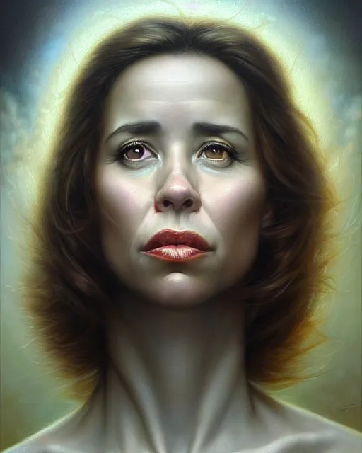 Image similar to detailed portrait of linda cardellini cannelloni!! ( spinach ) ricotta! by tomasz alen kopera and peter mohrbacher and johanna martine! and margaret keane! coherent luminescent