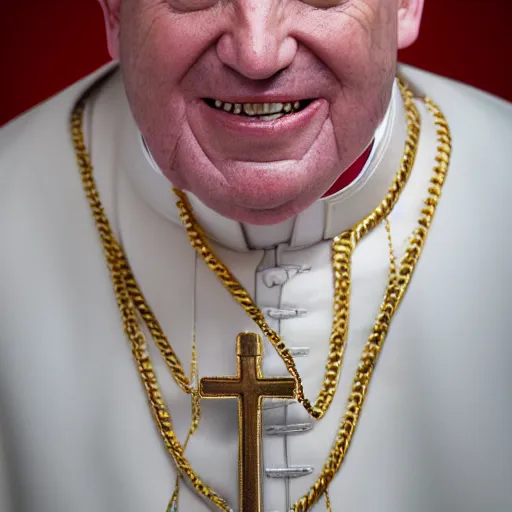 Image similar to portrait of a catholic pope, wearing gold gangster chains, with gold teeth, studio portrait, studio lighting, 1 8 0 0's, 5 0 mm, 4 k