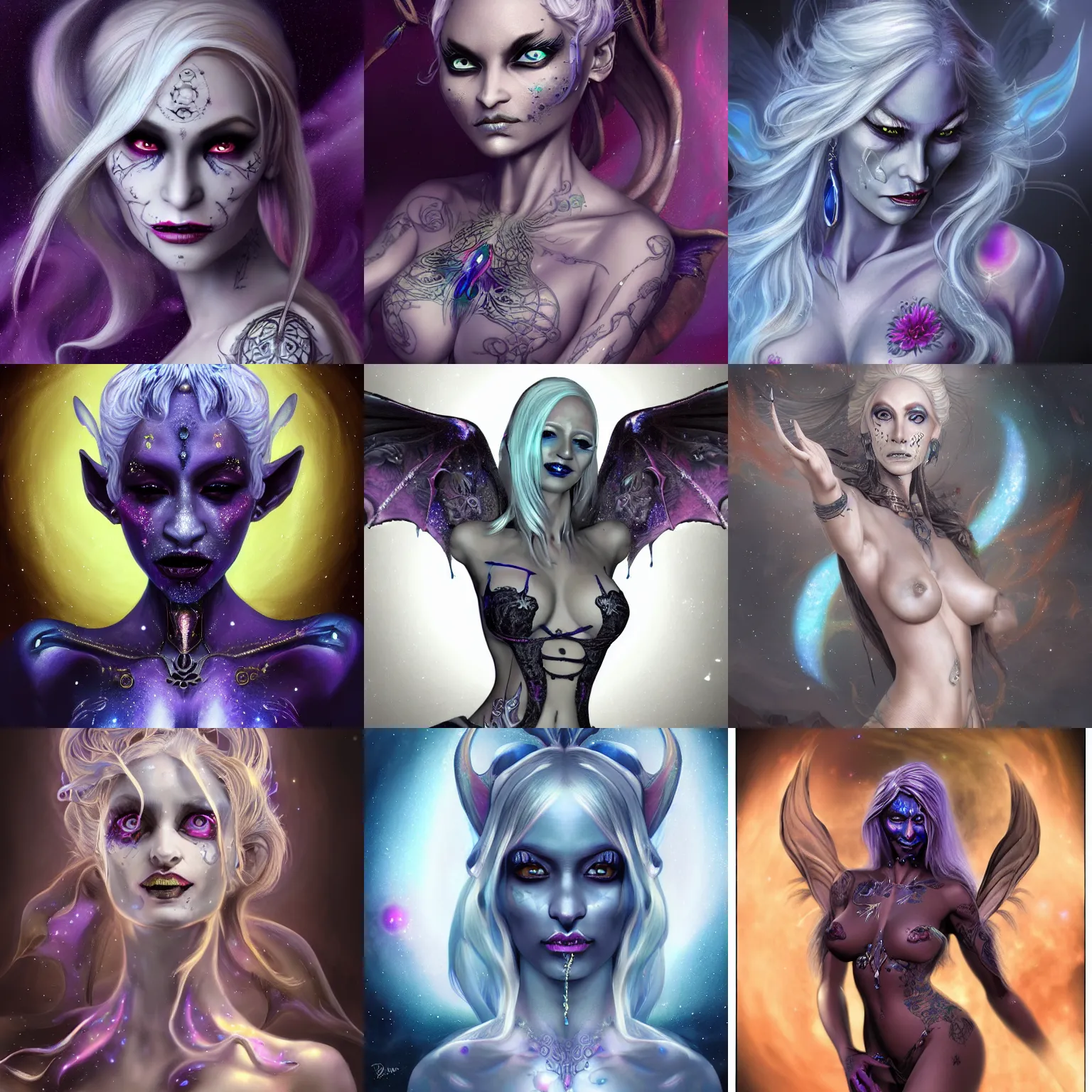 Prompt: a WLOP 3d render of Very very very very highly detailed beautiful mystic portrait of a phantom drow succubus with whirling galaxy around, tattoos by Anton Pieck, intricate, extremely detailed, digital painting, artstation, concept art, smooth, sharp focus, illustration, intimidating lighting, incredible art,