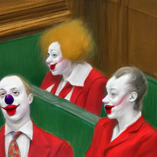 Prompt: a highly detailed beautiful portrait close up art painting of british members of parliament in the house of commons wearing pastel coloured clown costumes with pleasant oversized joyful faces, they are smoking. in the style of edward hopper, richard hamilton. concept art. green leather benches. photographic. concept. crisp digital art. no artefacts. desaturated. high fidelity facial portrait. 8 k