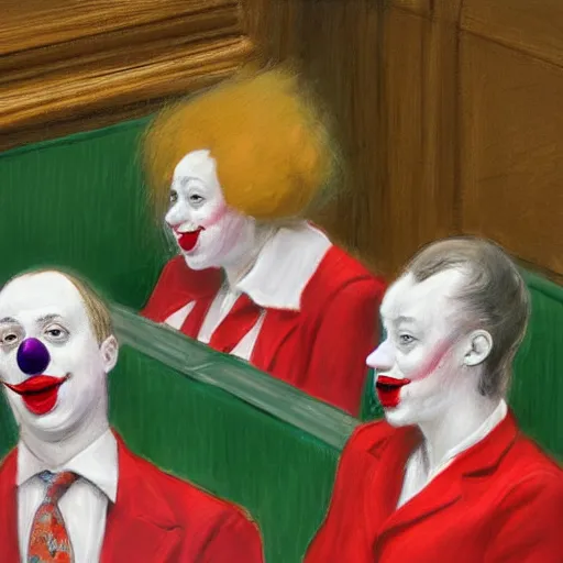 Image similar to a highly detailed beautiful portrait close up art painting of british members of parliament in the house of commons wearing pastel coloured clown costumes with pleasant oversized joyful faces, they are smoking. in the style of edward hopper, richard hamilton. concept art. green leather benches. photographic. concept. crisp digital art. no artefacts. desaturated. high fidelity facial portrait. 8 k