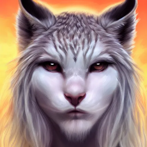 Prompt: beautiful realistic portrait of a person with white lynx head by artgerm, furry fantasy art