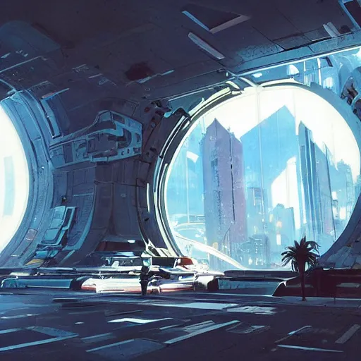 Image similar to circular derelict portal in a middle of a futuristic cityscape, world with trees seen through a portal, daylight, cinematic perspective, cinematic lighting, blue sky, syd mead, john harris