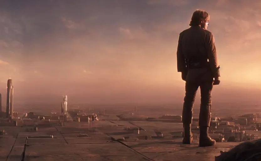 Image similar to iconic wide cinematic screen shot of luke skywalker downtrodden standing with a view of coruscant at sunset, from the thrilling scene from the hbo succession, moody cinematography, foggy volumetric lighting, hyper detailed scene, anamorphic lenses 2 4 mm, lens flare, award winning