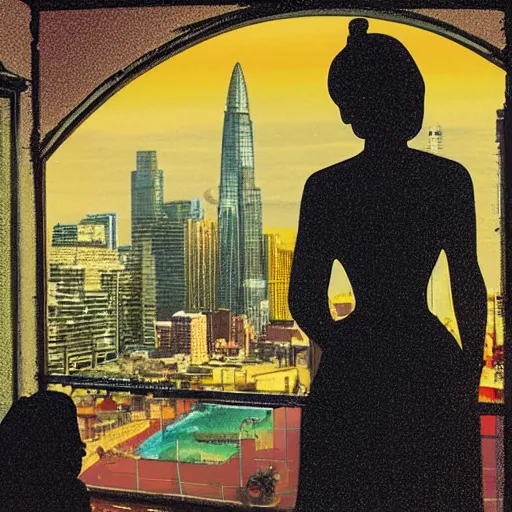 Image similar to View from window on megapolis, silhouette of women who watches to the window, pulp fiction