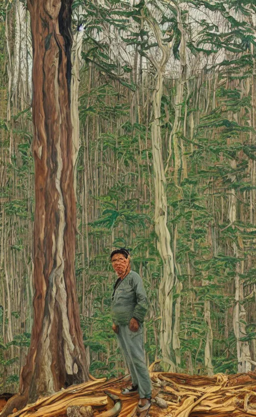 Image similar to full shot picture of indigenous leader standing in the forest, painted by lucian freud, hd, super detailed, amazing, realistic lighting