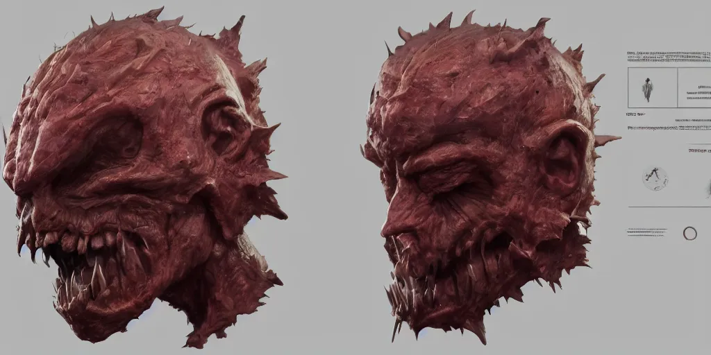 Image similar to flesh mask design, character sheet, Moebius, Greg Rutkowski, Zabrocki, Karlkka, Jayison Devadas, Phuoc Quan, trending on Artstation, 8K, ultra wide angle, zenith view, pincushion lens effect.