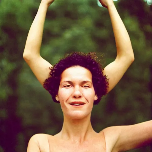 Prompt: beautiful young woman, short hair, tank top, arms raised above her head, cottagecore, razorfree, hippie, naturist, portrait photography, portra 800
