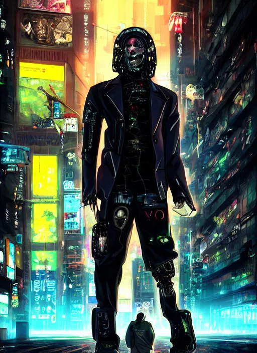 Prompt: Male cyborg, battle-damaged, wearing black leather trenchcoat, standing on neon-lit street corner”, 3/4 view, cyberpunk, Digital art, detailed background, anime, vibrant colors, artist Katsuhiro Otomo