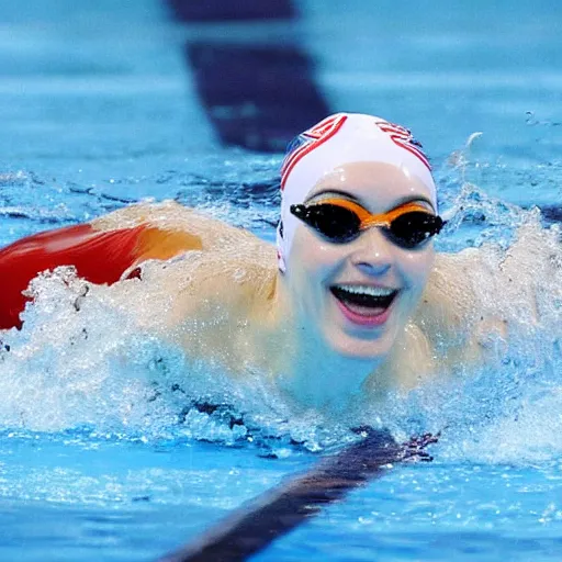 Image similar to christina hendricks as olympic swimmer wining gold medal,