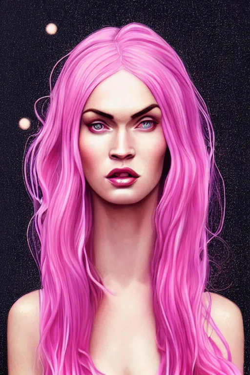 Image similar to Portrait of a beautiful pale skin Nordic female megan fox with long pink hair, elegant, photorealistic, highly detailed, artstation, smooth, sharp focus, gold ornaments, neon lighting, sci-fi, art by Klimt