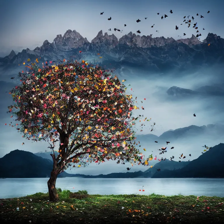 Image similar to a beautiful awesome artistic tree with falling flowers like leaves and many birds, all in the amazing outdoors view, mountain in the background, lake, long exposure, 8 k resolution, trending on artstation