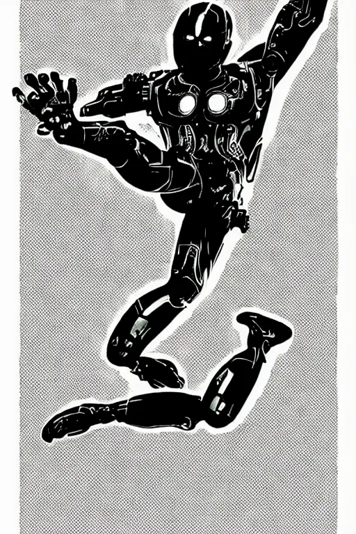 Prompt: ultron doing a high kick, a page from cyberpunk 2 0 2 0, style of paolo parente, style of mike jackson, adam smasher, johnny silverhand, 1 9 9 0 s comic book style, white background, ink drawing, black and white