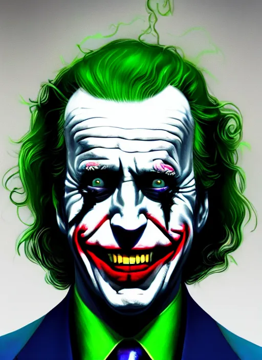 Image similar to portrait of joe biden as the joker, green hair, intricate, elegant, glowing lights, highly detailed, digital painting, artstation, concept art, sharp focus, illustration, art by wlop, mars ravelo and greg rutkowski