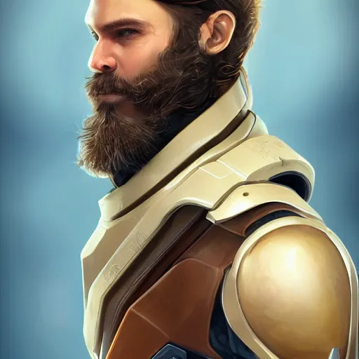 Prompt: Portrait of a man with brown hair and beard in futuristic sci-fi armor, blasters on his belt, digital art, realistic, artstation, detailed