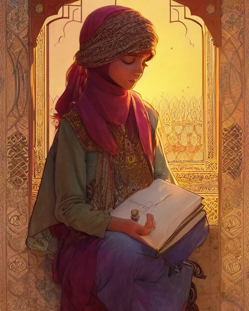 Image similar to a bedouin child infront of an big open quran highly detailed, gold filigree, romantic storybook fantasy, soft cinematic lighting, award, disney concept art watercolor illustration by mandy jurgens and alphonse mucha and alena aenami, pastel color palette, featured on artstation