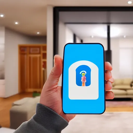 Image similar to inside of a smart home with human holding an iphone realistic detailed photo