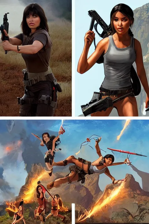 Prompt: Isabela Merced as Dora the Explorer vs Angelina Jolie as Lara Croft, movie concept art, film by Michael Bay