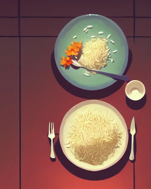 Prompt: a plate with suhi and cooked rice on a kitchen table, cory loftis, james gilleard, atey ghailan, makoto shinkai, goro fujita, studio ghibli, rim light, exquisite lighting, clear focus, very coherent, plain background, soft painting