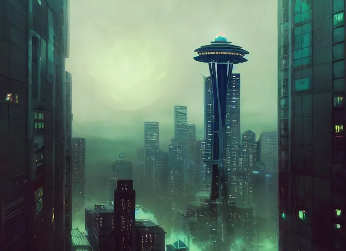 Prompt: seattle being attacked by a mega humanoid giant, by beeple and maciej kuciara and greg rutkowski