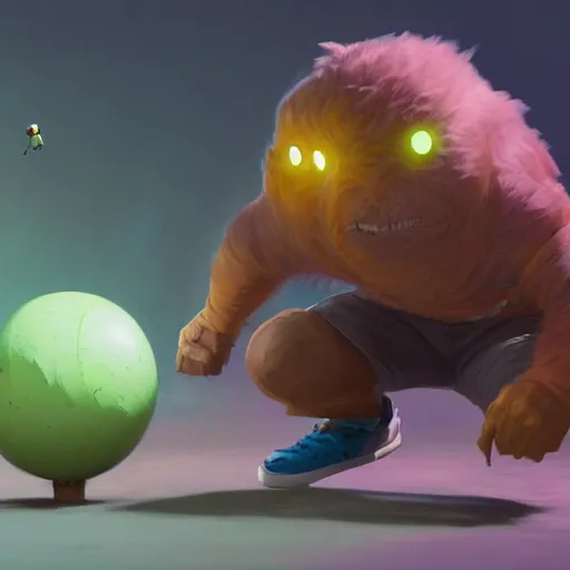 Image similar to highly detailed vfx character of a skateboarding tennis ball monster, skateboard stephen bliss, chalk, unrealengine, greg rutkowski, loish, rhads, beeple, chalk, makoto shinkai and lois van baarle, ilya kuvshinov, rossdraws, tom bagshaw, basil gogos