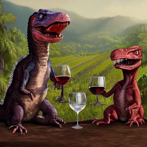 Prompt: realistic octane of two jurassic park velociraptors toasting glass of wine, wide shot painting by wlop rutkowsky cgsociety artstation deviantart