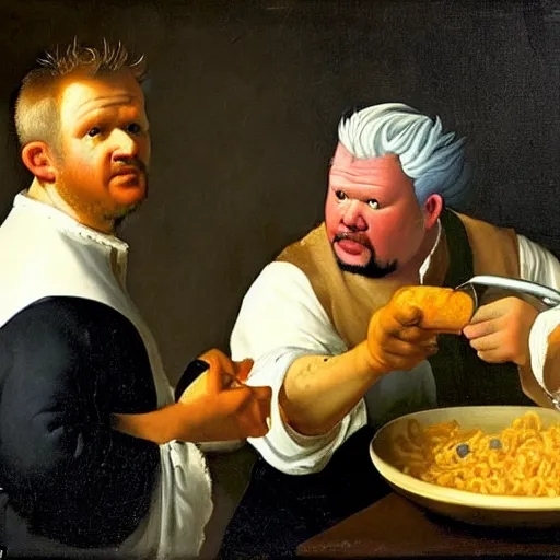 Image similar to a 1 7 th century portrait of gordon ramsay and guy fieri making a greasy macaroni and cheese sandwich, by vermeer, portrait, royal, oil on canvas