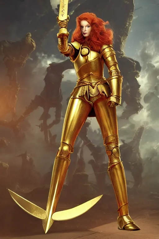 Prompt: a tall, red - haired female knight wearing golden armor and a right golden prosthetic arm, longer than her left arm. she wields a long golden blade
