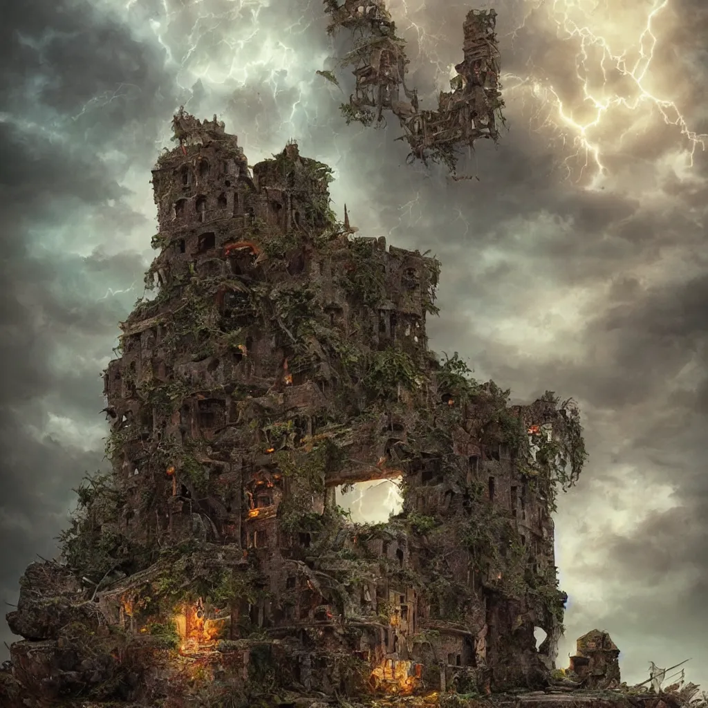 Image similar to ruined castle on a small island only reachable by a small land brisge, 8 k, by tristan eaton, stanley artgermm, tom bagshaw, greg rutkowski, carne griffiths, trending on deviantart, hyper detailed, glorious lighting, dramatic lightning