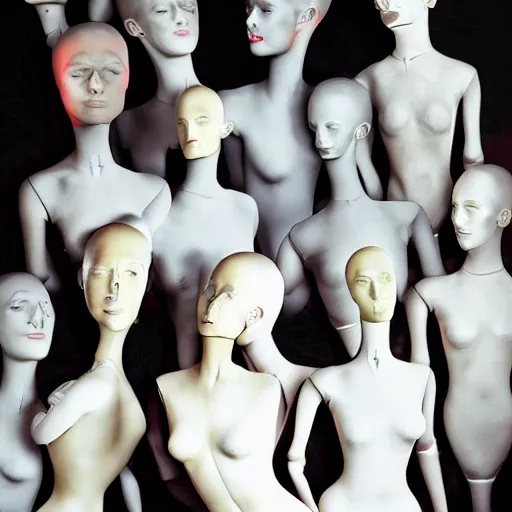 Prompt: a manikin party, wax manikin heads, smiling, photograph, style of atget, nightmare, concept art, creepy