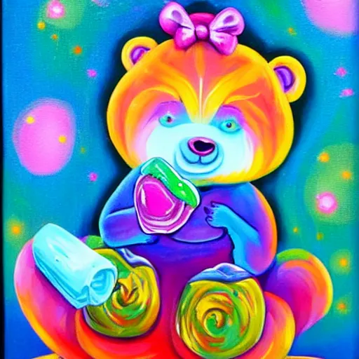 Image similar to a jeremiah ketner and lisa frank acrylic impasto!! painting of an adorable and cute bear eating candy