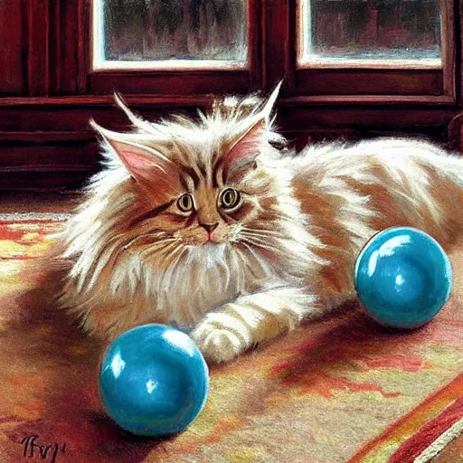 Prompt: cream color maine coon cat chasing a cat-toy-ball in a sunlit bedroom, hardwood floors with a colorful tattered old throw rug, bay window sofa in the background, fun, energetic, amusing, cute, funny, in style of Robert Hagan, trending on art station