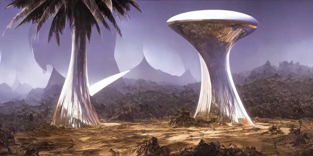 Image similar to a twirly architectural vertical monument made of chrome right in the middle of a huge crater in a tropical forest, ralph maquarrie and syd mead cinematic matte painting, 4 k