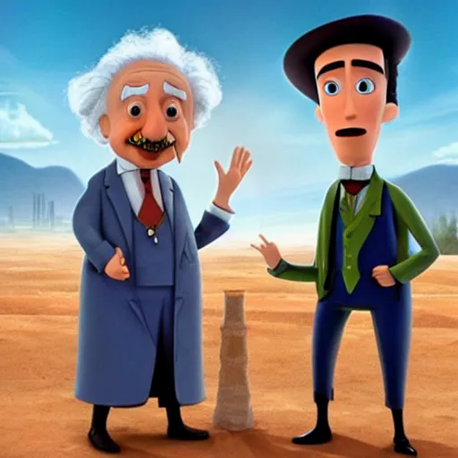 Prompt: Albert Einstein and Nikola Tesla fighting, pixar movie