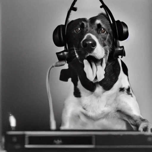 Prompt: A prize-winning highly detailed vintage black-and-white grainy damaged photograph of a dog playing Xbox with an intense expression as it barks into a headset