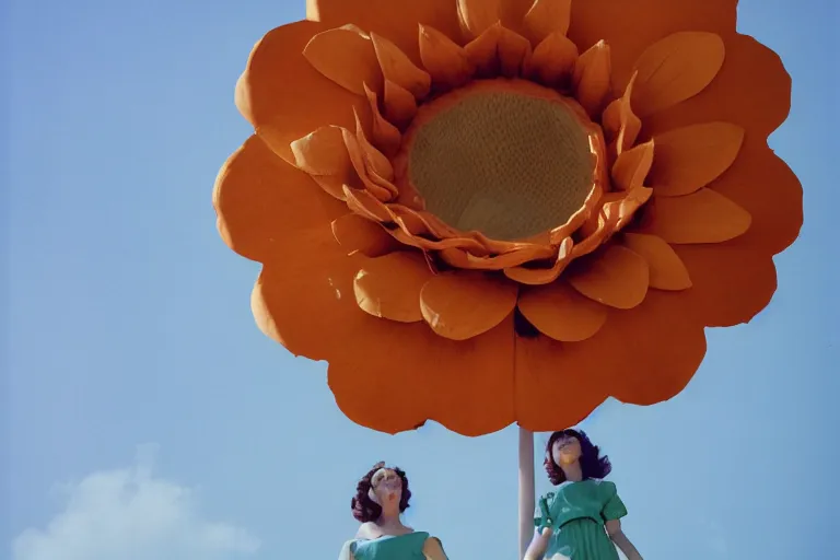 Image similar to giant flower head, girl standing, 1 9 6 0 window, surreal photography, symmetry, mid century, flat perspective, bright colours, blue sky, realistic, wes anderson