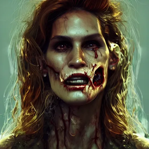 Image similar to portrait of eighties cindy crawford as a zombie, 7 days to die zombie, fine art, award winning, intricate, elegant, sharp focus, cinematic lighting, highly detailed, digital painting, 8 k concept art, art by guweiz and z. w. gu, masterpiece, trending on artstation, 8 k