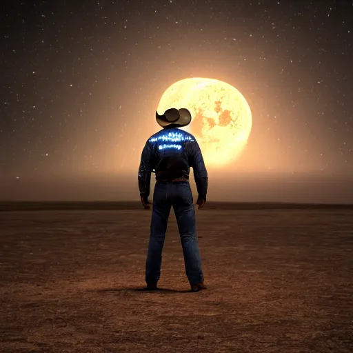 Image similar to apollo 8 cowboy earthrise cowboy in cowboy space, octane render, blender render, unreal engine, 3 5 mm, cowboy, with earth in rising in the sky in the background