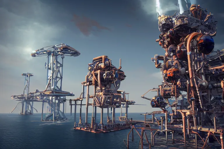 a futuristic oil rig tower, built of scavenged parts | Stable Diffusion