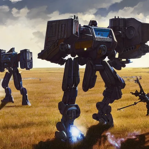 Prompt: a ultra - detailed realistic cinematic shot of an atlas mech fighting it's final battle on the plains of the american midwest, mechwarrior, hyper realism, highly detailed, art, 8 k