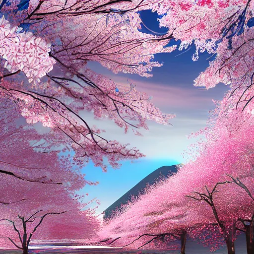 Image similar to Snowy mountain covered in cherry blossom trees , hd, intricate, hyper detailed, award winning, beautiful, 8k, digital art, surreal