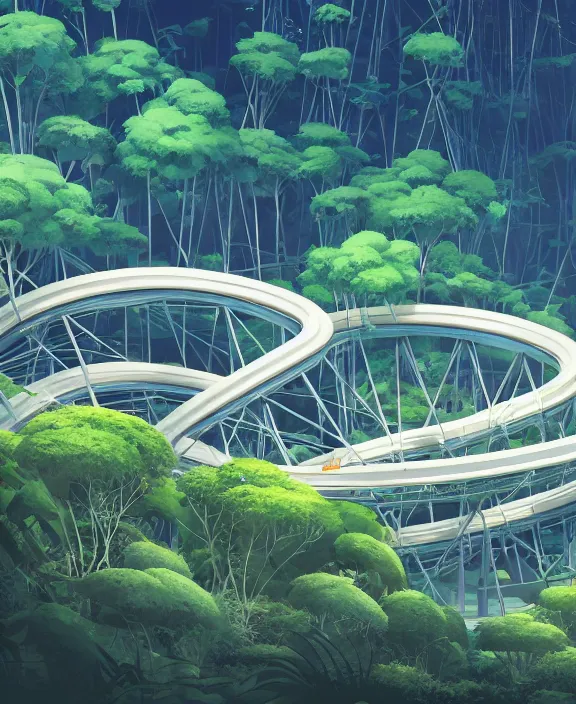 Prompt: simplicity, elegance, a roller coaster building made out of simple organic forms, in the style of a streamlined asymmetrical spaceship, overgrown with jungle, bleak apocalyptic environment, by dan mumford, yusuke murata, makoto shinkai, ross tran, cinematic, unreal engine, cel shaded, featured on artstation, pixiv