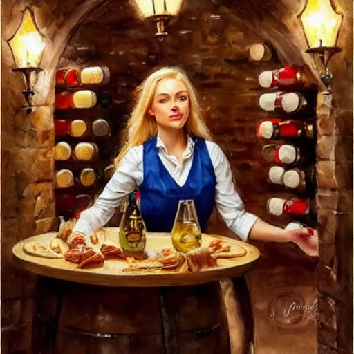 Image similar to hot blonde in a wine cellar, food, pork, beer, schnapps, rustic, traditional, torches on the wall, watercolor by vladimir volegov, highly detailed, masterpiece