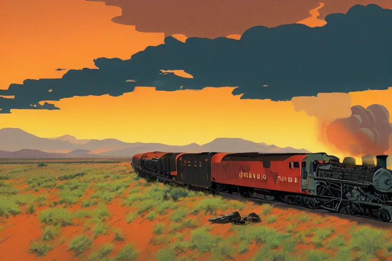 Image similar to idyllic old western freight train illustration by syd mead, artstation, 4 k, graphic novel, concept art, matte painting, steam engine spewing billowy white clouds of steam, beautiful mountain desert sunset background, golden hour