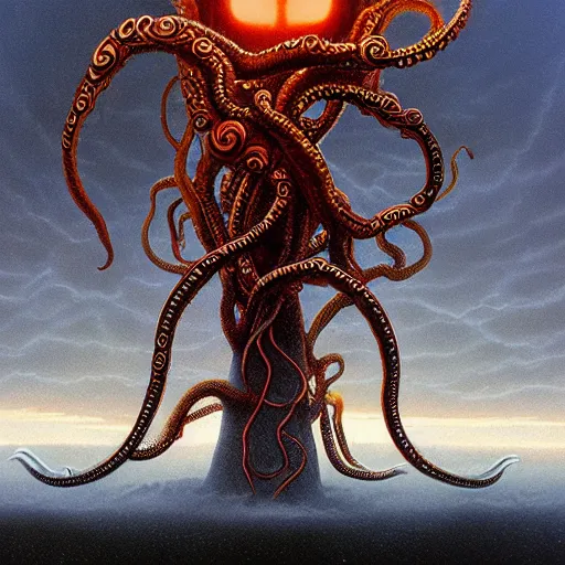 Image similar to An amorphic being with tentacles of liquid reflective copper and chrome emerges from the dark surreal ether, mist amidst lightning, high contrast lighting, backlit by Michael Whelan