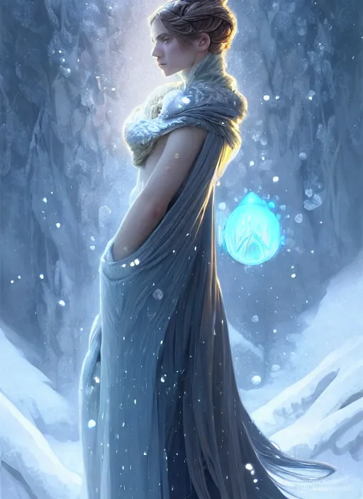 Image similar to a beautiful cinematic female winter goddess, cristal dress, ice wing, galatic shamen with quantum energy fantasy, fantasy magic, undercut hairstyle, dark light night, intricate, elegant, sharp focus, illustration, highly detailed, digital painting, concept art, matte, art by wlop and artgerm and greg rutkowski and alphonse mucha, masterpiece