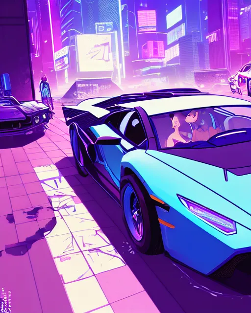 Image similar to digital illustration of cyberpunk pretty girl with blue hair, looking at a purple lamborghini, in junkyard at night, by makoto shinkai, ilya kuvshinov, lois van baarle, rossdraws, basquiat